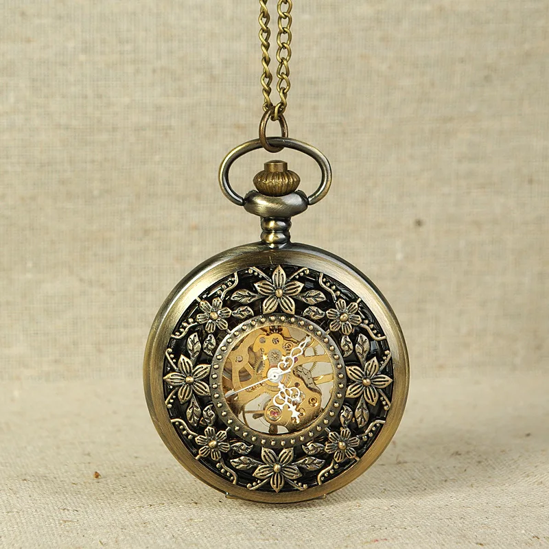 

0 Retro Bronze Hollow Pocket Watches Antique Flower Petal Design Skeleton Golden Dial Fob Reloj 2016 Chain Gift Pendant Montre