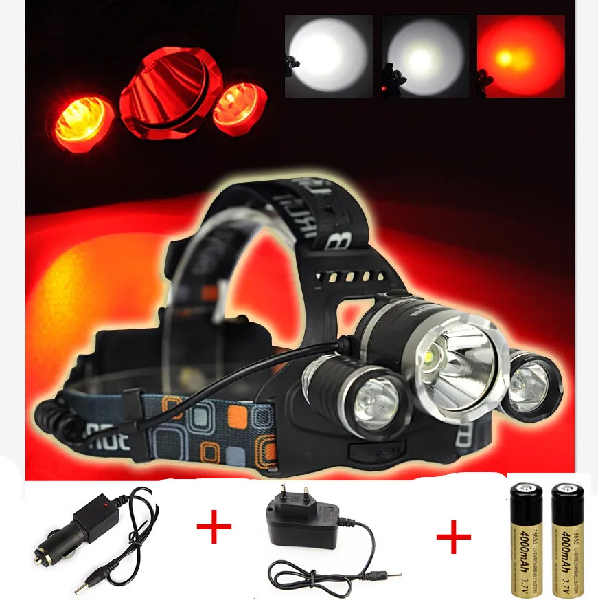 

5000 Lumen 3 LED Headlamp(1 xT6 White+2xR5 Red Light) 3 Mode Headlight Hunting Flashlight+2 x18650 4000 mAh Battery+ AC Charger