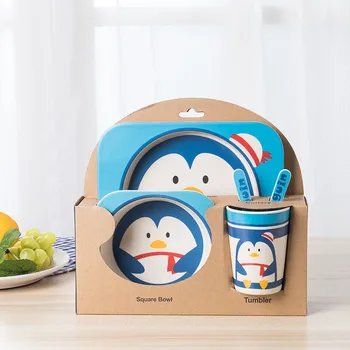 

5 Pcs/Set Baby Feeding Plate Cartoon Kid Dishe Creative Anti-fall Bamboo Fiber Tableware for Feeding Partition Dishes Dinnerware