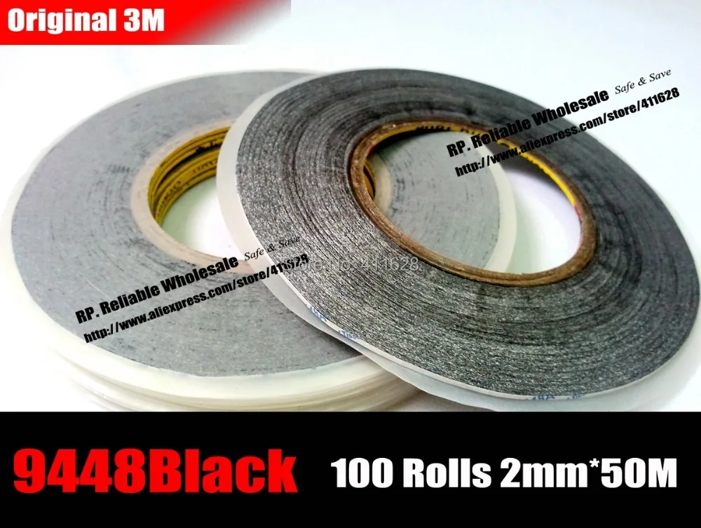 100x 50 Meters/roll, (2mm Wide) Original 3M 9448AB Two Sided Black