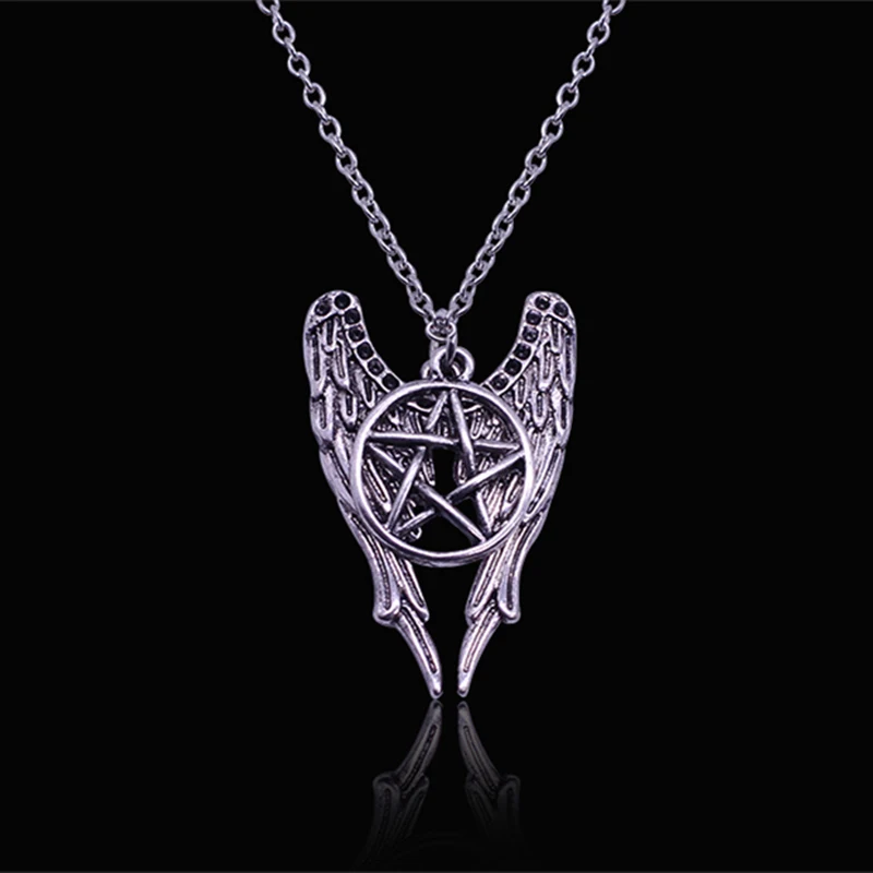 

2019 new hot Antique Silver Pentagram Pentacle Angel Wings Pendant Supernatural Necklace Women Jewelry Holiday Gifts