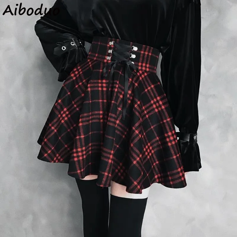 

Large Size Vintage Wool Cotton Black and Red Plaid Skirt Women's Winter Autumn Fashion Gothic Gothc Short Skirt A-line Pleated
