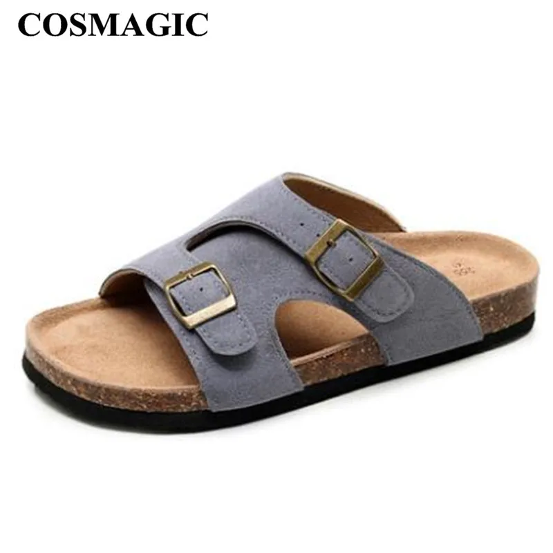 

COSMAGIC 2019 Fashion Men Beach Cork Slippers Summer Buckle Non-slip Outside EVA Genuine Leather Slide Shoe High Quality