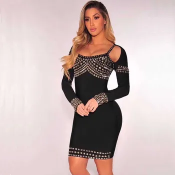 

wholesale New dress Black long-sleeved Beading Elasticity tight Luxury Luxury Cocktail party bandage dress (H2035)