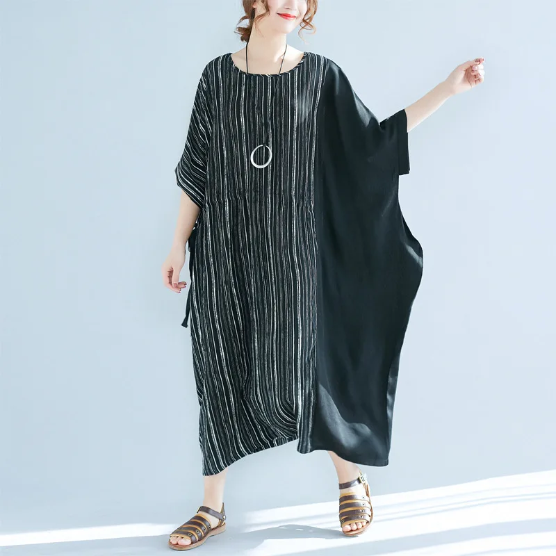 

Real Beat 2018 Summer Big Code Women's 100KG very large Stripes Splicing Half Sleeved Dress Pregnant woman size