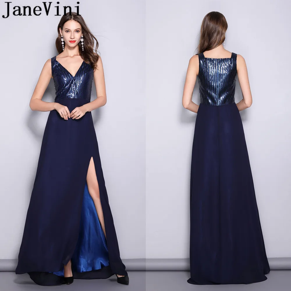 

JaneVini Navy Blue V-Neck Long Bridesmaids Dresses Wedding Party Sexy Side Split Chiffon Sequins Ladies Formal Guest Dress 2019