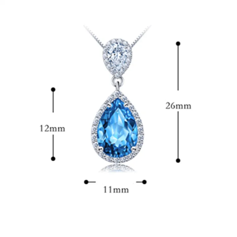 S925 Sterling Pendant Water Drop Created Topaz Blue & Ruby Pendant Bride Wedding Engagement Party Fine Jewelry Necklace No Chain