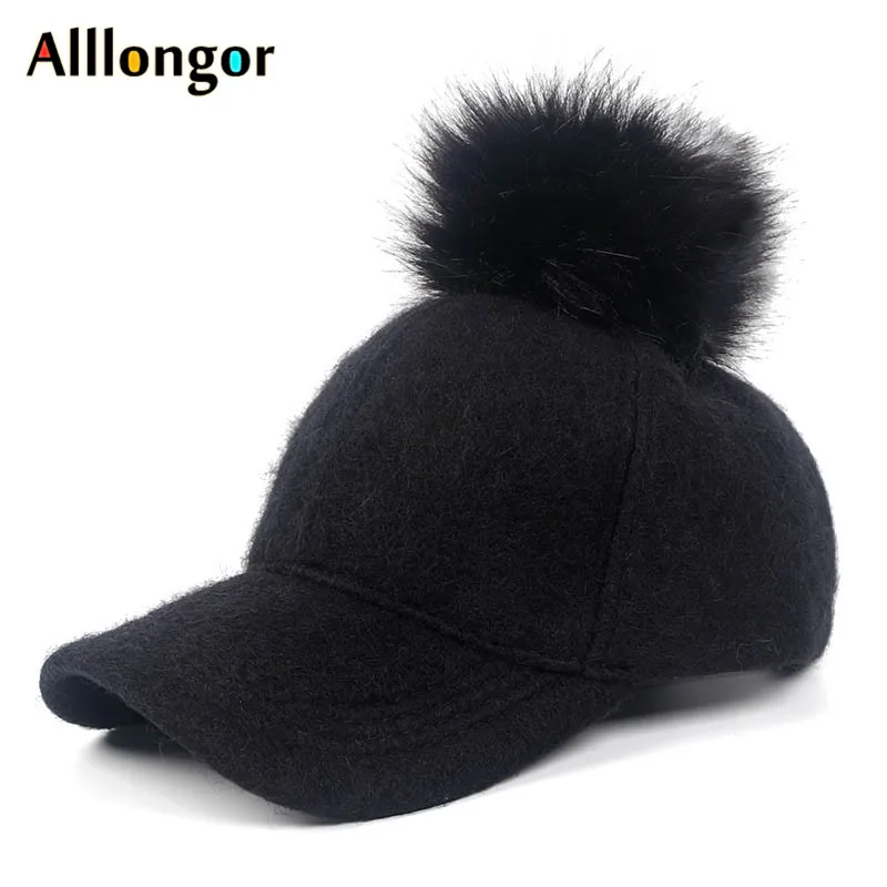 New Autumn 2020 Winter Baseball Cap Women Pure Wool Fur Pompom Pom Black Hat snapback hip hop casquette femme gorra mujer women's fashion baseball caps Baseball Caps