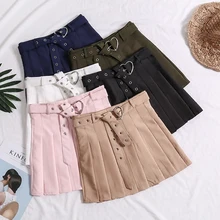 Симпатичное кольцо любовь Пряжка ремень сексуальная высокая талия плиссированная мини Однотонная юбка Лето Лолита Корейская Униформа сладкий короткий сексуальный милый Скейтер