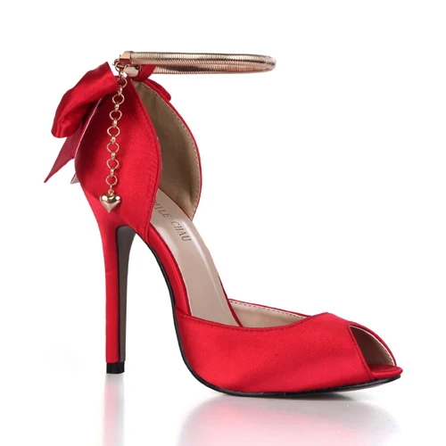 CHMILE CHAU/атласные свадебные туфли для невесты цвета слоновой кости; женские туфли-лодочки с открытым носком на высоком тонком каблуке с цепочкой и бантом; zapatos mujer; 0640C-k9 - Цвет: Red