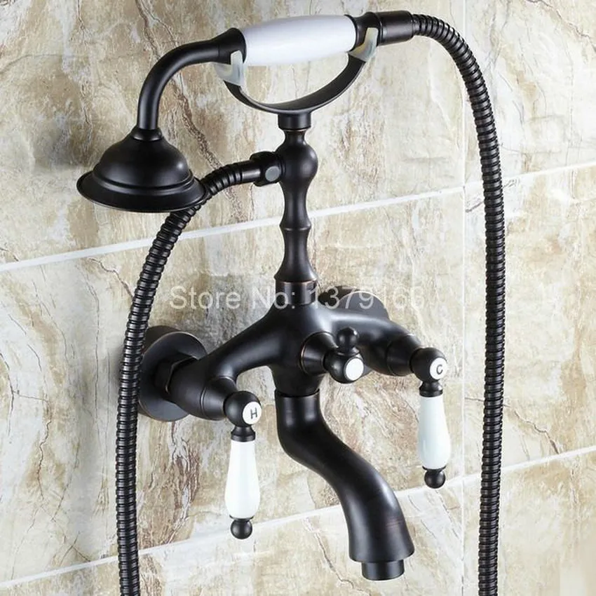 Luxury Telephone Style Oil Rubbed Bronze Wall Mounted Dual Porcelain Handles Bathroom Tub Shower Faucet &Handheld Shower atf039 Luxury Telephone Style Oil Rubbed Bronze Wall Mounted Dual Porcelain Handles Bathroom Tub Shower Faucet &Handheld Shower atf039