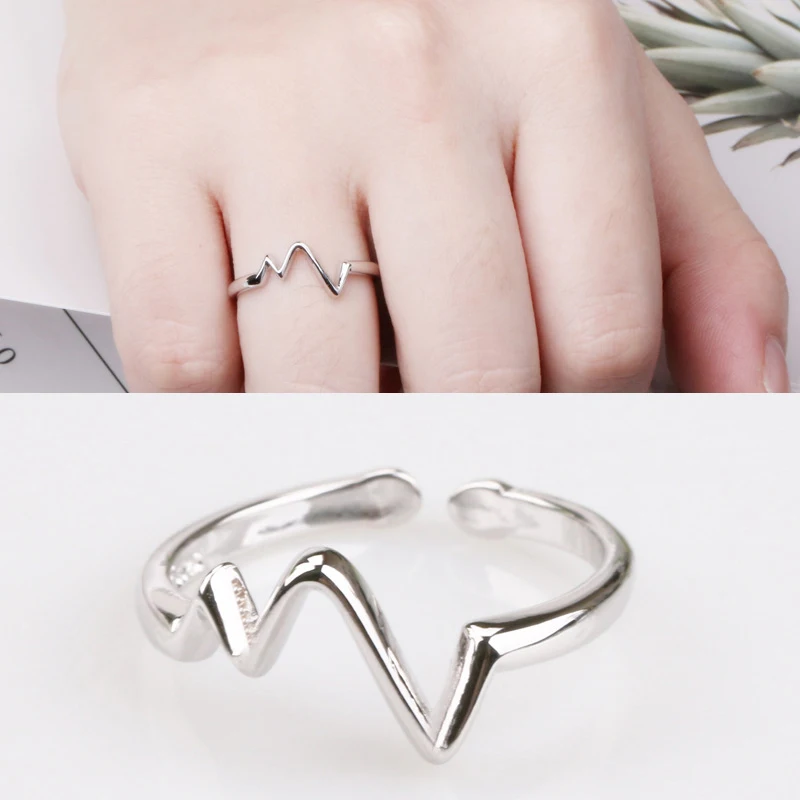 

New 925 Sterling Silver open ring Heart Beat Rings for Women Adjustable Electrocardiogram tail Ring Simple ECG rings
