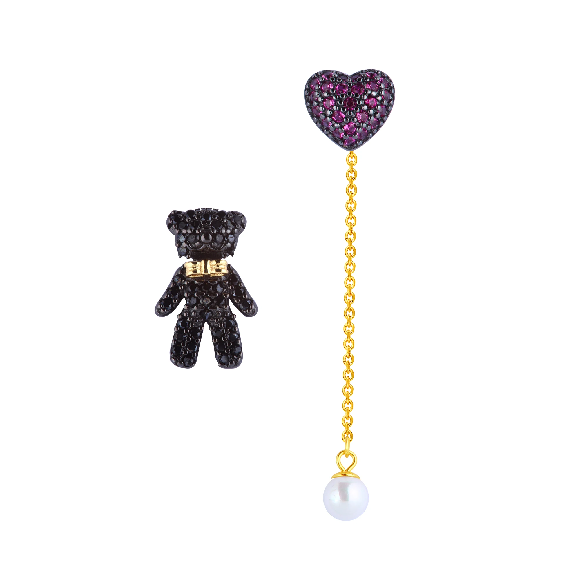 

Cute Asymmetric Black CZ Bear Heart Shell Pearl 925 Sterling Silver Dangling Earrings