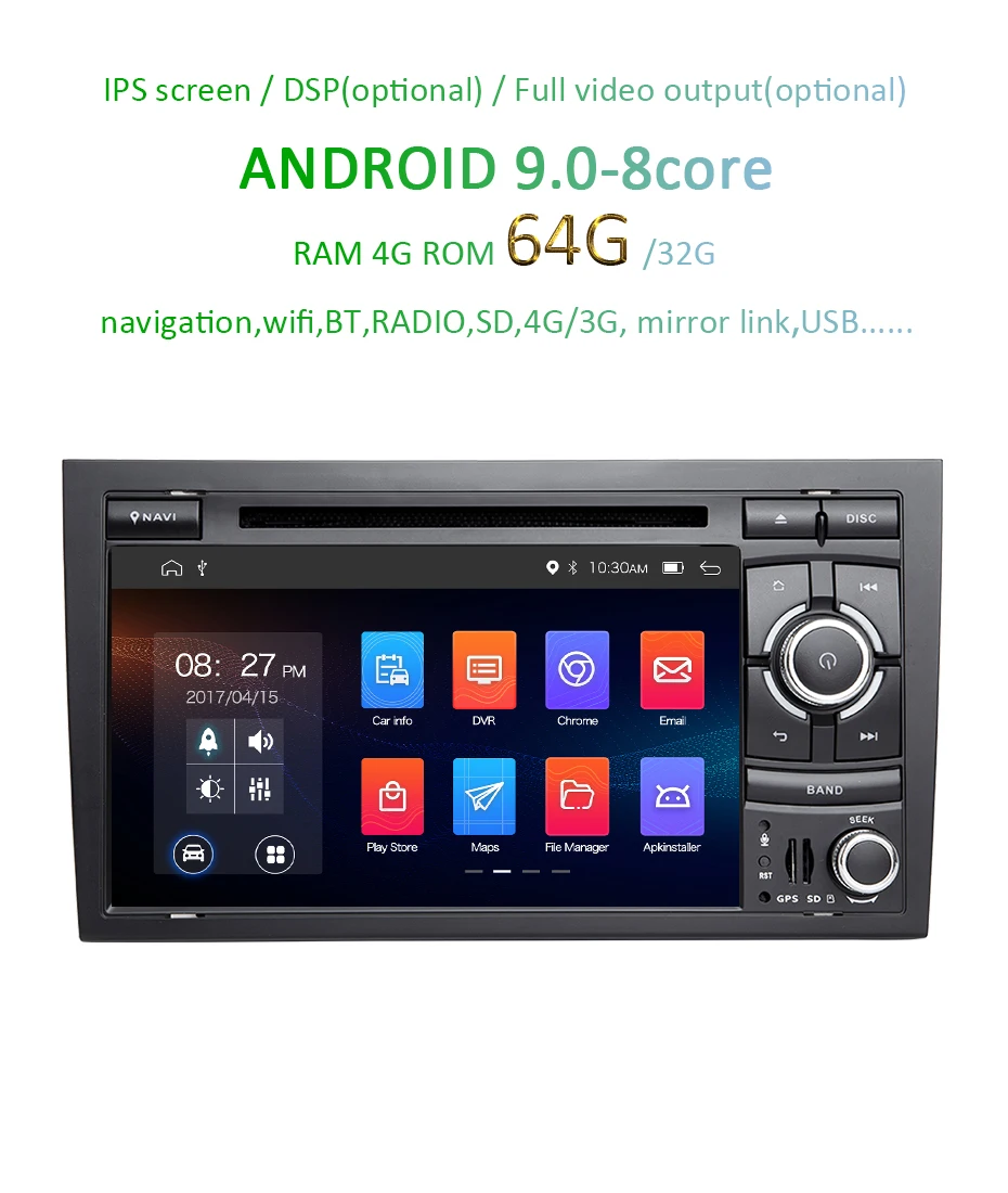 Top 7" IPS Screen Android 9.0 4G RAM 64G ROM DSP 2 DIN DVD Car PLAYER For AUDI A4 Stereo GPS Radio Multimedia Navigation Stereo 1