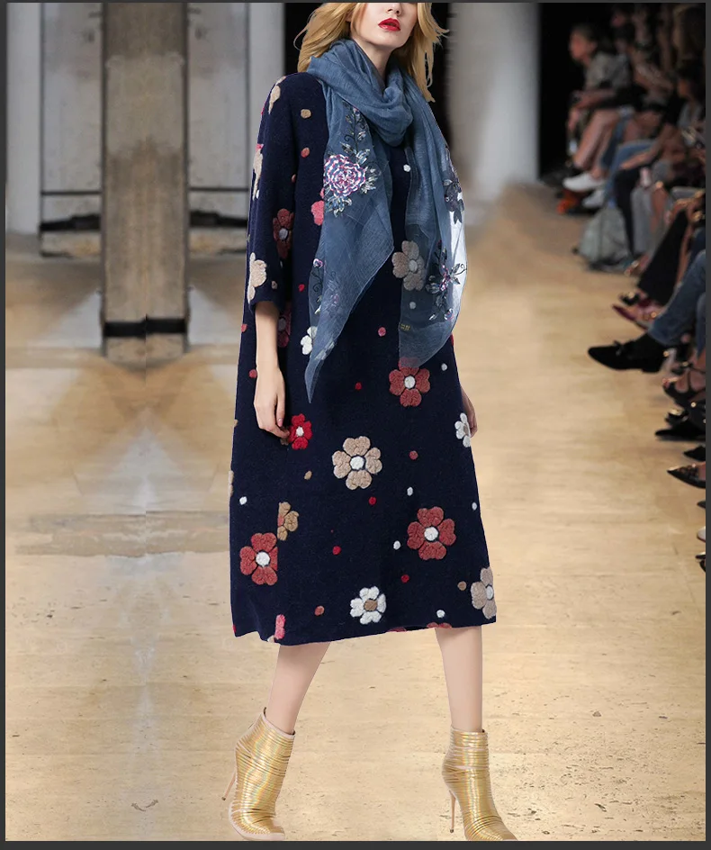 Zien Oranje Wol Jurk Met Bloemen Herfst Winter Jurk 3D Florals Jacquard Driekwart Mouwen Dikke Casual Jurk SO1661 Zien Oranje Wol Jurk Met Bloemen Herfst Winter Jurk 3D Florals Jacquard Driekwart Mouwen Dikke Casual Jurk SO1661