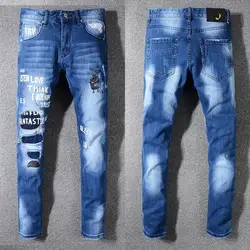 Новый итальянский стиль #3317 # мужские рваные брюки художника с отлитыми буквами тертые обтягивающие синие джинсы тонкие брюки размер 28-40