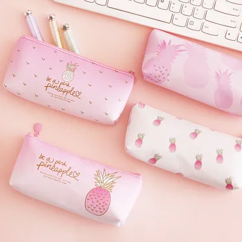 

"Pineapple Girl" Cute Faux Leather Stationery Bag Pencil Case Bag Big Pocket Zip Around Kawaii Stationery Gift