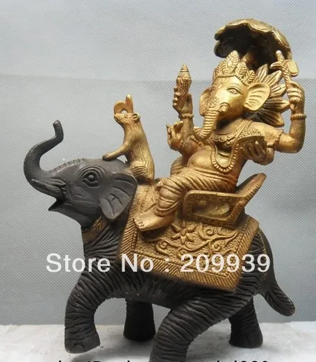 

001549 9" Tibetan Bronze Gilt India Ganesh Lord Ganesha Buddha on Elephant Statue