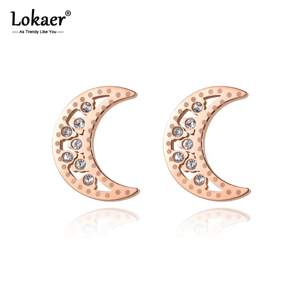 Lokaer модные милые Луна инкрустация CZ кристалл из нержавеющей стали серьги гвоздики для женщин розовое золото цвет ушные ювелирные украшения E19174