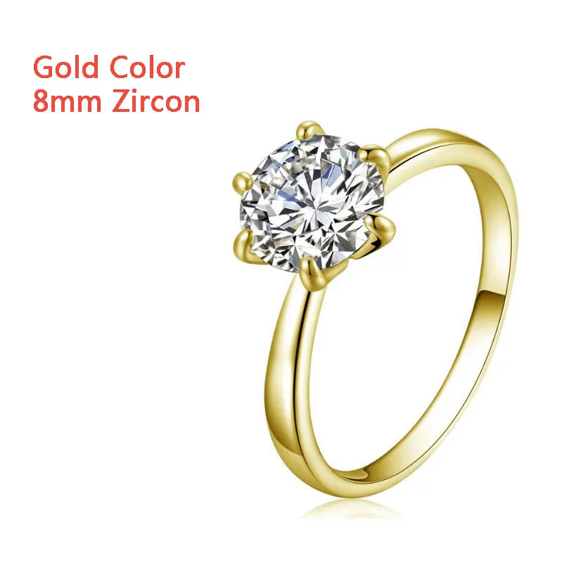 Anenjery классические обручальные кольца 8 мм 6 мм AAA+ циркон кольца для женщин anillos подарок на день Святого Валентина T-R48 - Цвет основного камня: 8mm CZ Golden Ring