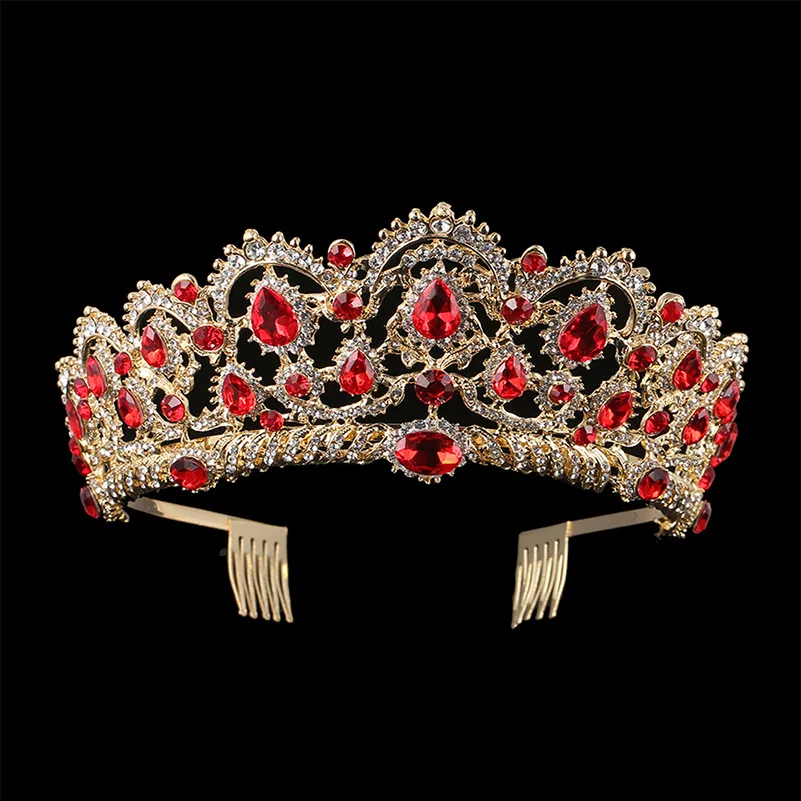 

2018 Red Crystal Tiaras Luxury Vintage Gold Rhinestone Pageant Crowns With Comb Baroque Party Dress Hair Accessories