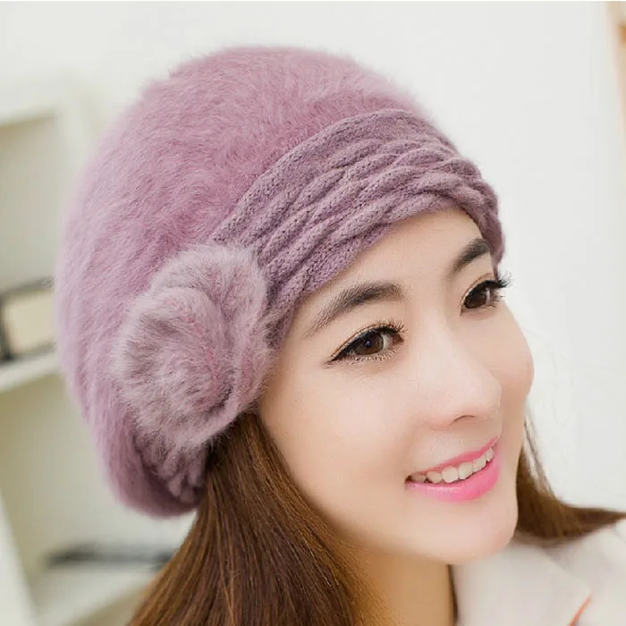

Best Price Women Winter Warm Beret Rabbit Fur Hair Knitting Hat Flower Cap Red/Skin Purple