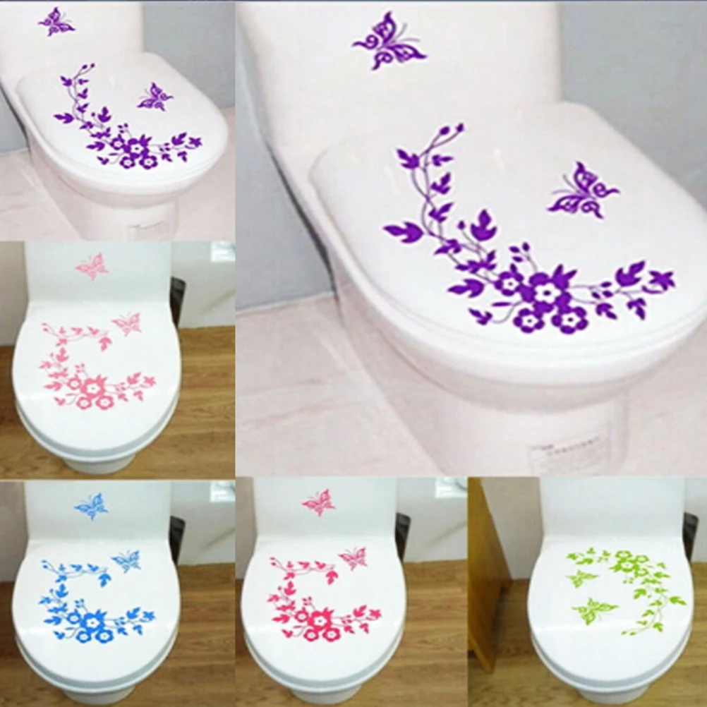 New Design PVC Removable Toilet Lid Sticker Butterfly&Flower Pattern Toilet Seat Cover Wall