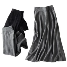 Кашемировая длинная теплая зимняя юбка, Женская Зимняя шерстяная юбка с высокой талией, повседневная трапециевидная плиссированная юбка для женщин, новинка, осенняя юбка