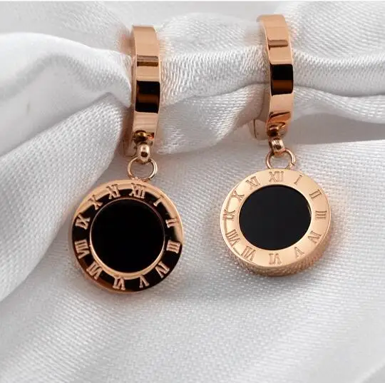 

Rose gold color black round drop earrings for women, stainless steel earring roman numerals boucle d'oreille femme pendante