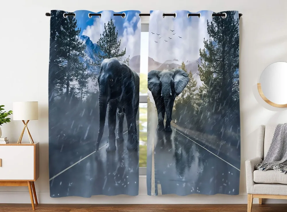 

HommomH Curtains (2 Panel) Grommet Top Darkening Blackout Room Highway Elephant Forest Rain Snow Mountain