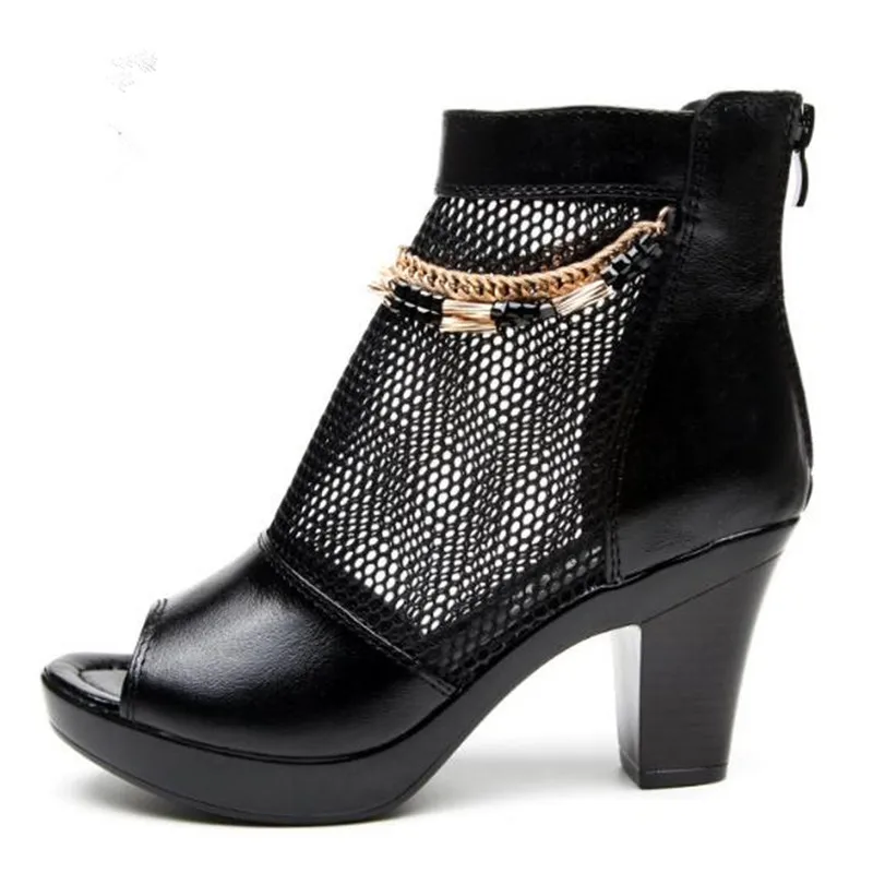 001 Tacón Vaca Zapatos Black Botas Moda De Pez Famosa Malla Tobillo 002 Cabeza 2018 black Piel Sandalias Sexy Mujer black Alto Verano 003 6Uwq6xf