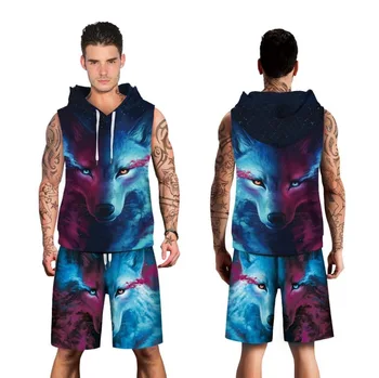 

2018 Sleeved Running Sets Men Sport hooded vest+shorts Suits Fitness Gym Jogging Training Sportwear Suit