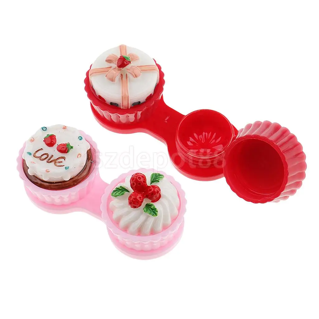 2 Set Mini Contact Lens Box Travel Cartoon Cute Cream Cake Contact Lenses Holder with Storage Zipper Pouch Black/ Rose Red