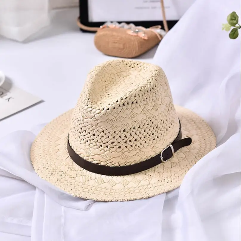 Jiangxihuitian бренды новые летние шляпы для женщин Повседневная однотонная соломенная шляпа Панама шляпа с МЕХОВОЙ окантовкой мужской полый ремень пляжная шляпа от солнца - Цвет: 1