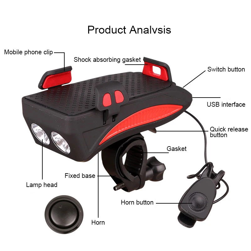 4 в 1 велосипедный фонарь, передний велосипедный светильник, держатель для телефона, gps-навигатора, подставка для руля с функцией велосипедного звонка+ внешний аккумулятор