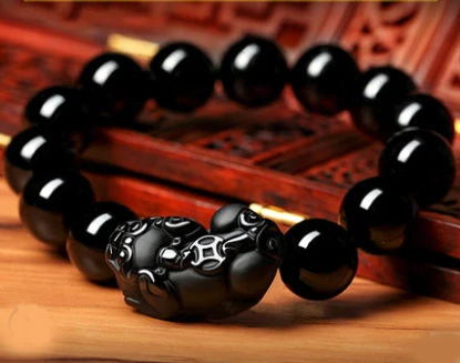 

Healing Crystals Obsidian Bracelets Feng Shui Black Tourmaline lemurian quartz crystals Bead Diameter 16mm * 11 with a pixiu