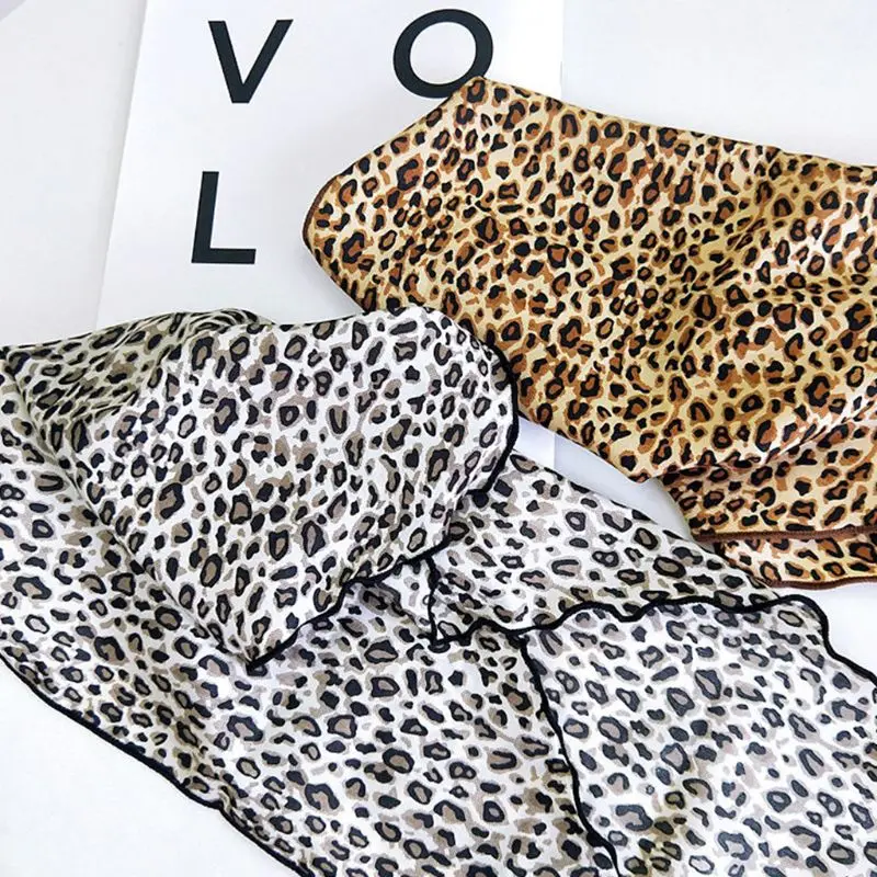 Women Leopard Printed Triangle Neck Scarf Bandana Kerchief Multifunction Hair Tie Chiffon Scarf