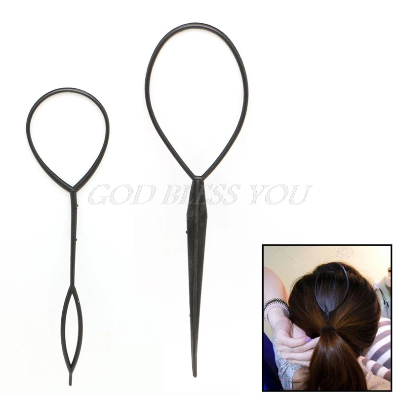 2Pcs Ponytail Creator Plastic Loop Styling Tool Black Topsy Pony Tail Hair Braid