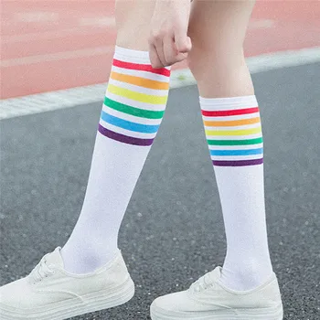 

Football Stripes Cotton Sports School Style White Socks Skate Children Long Tube Leg Warm Knee High Women Socks For Girls Boys