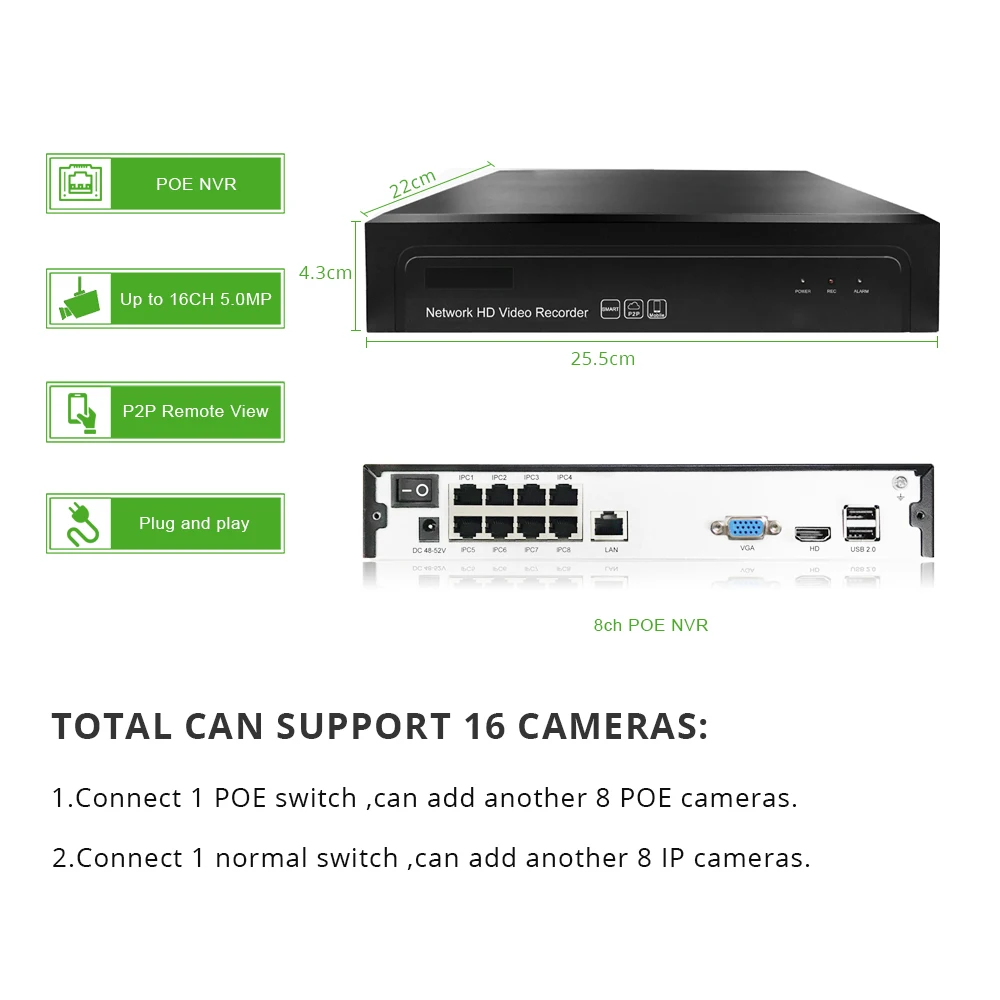 Smart 8ch 5MP POE IP Camera System Kit H.265 Security POE NVR up to 16ch Outdoor Waterproof CCTV Ca