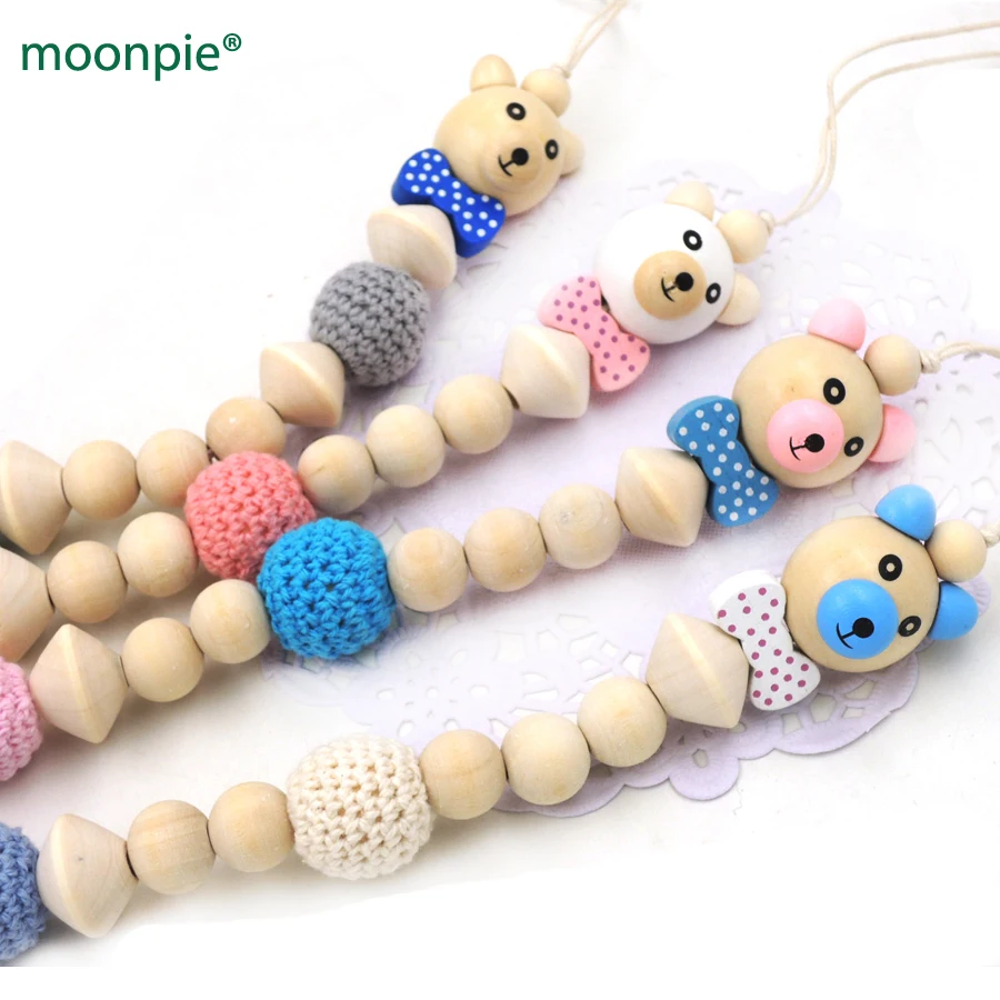 2017 NEW VERY CUTE WOODEN BEAR BEADS 20MM COTTON CROCHET BEAD BABY PACI DUMMY HOLDER SOOTHIE CHAIN HANDMADE BABY GIFT NT212