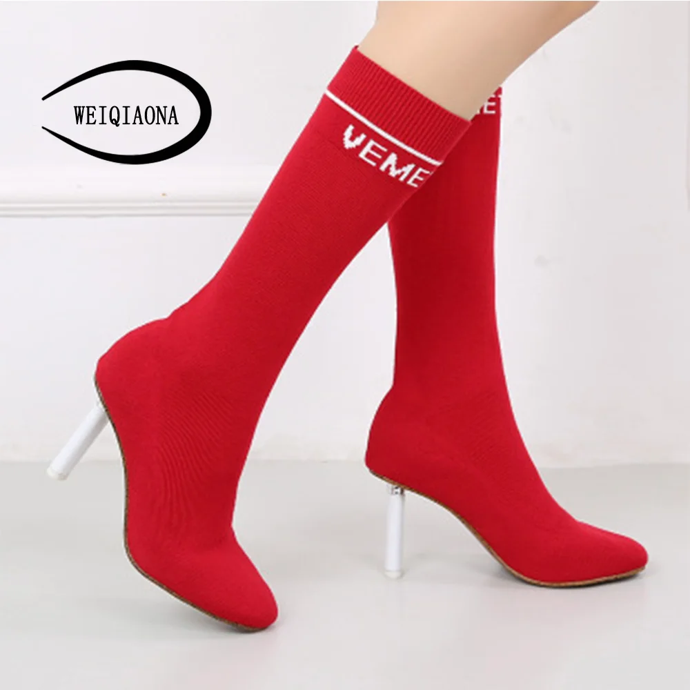 Weiqiaona rouge Du Chaussures 33 Taille Marque Noir Neige Femmes Orteil Talon Mi Design Pointu Grand 43 Parti ivoire Ciel Haut 2018 pu mollet Bottes gqTrw8xg