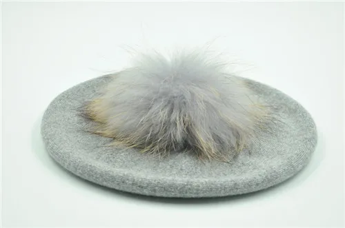Женские береты, шапка, зимние женские Повседневные вязаные шерстяные береты с натуральным мехом енота, весенние женские одноцветные береты, шапки - Цвет: Light grey match fur