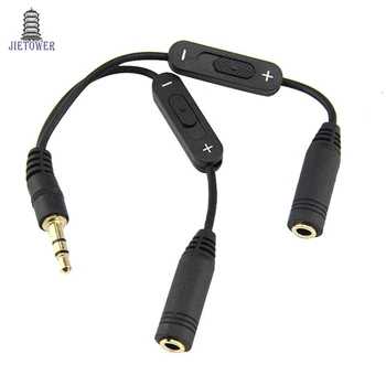 

50pcs/lot 3.5mm Audio y Splitter cable for iPhone iPod iPad 1 to 2 audio splitter line with Voice volume Control black