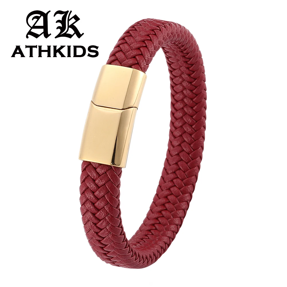

Fashion Men Women Jewelry Red Braided Leather Bracelet Gold Stainless Steel Magnetic Clasp Male female Wristband Gifts PD0236
