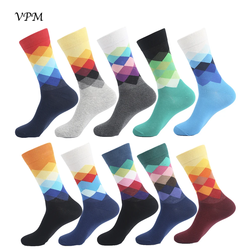 

VPM 10 Pairs/Lot Cotton Men's Socks Happy Funny British Style Plaid Divertidos Sock for Men Wedding Birthday Party Gift