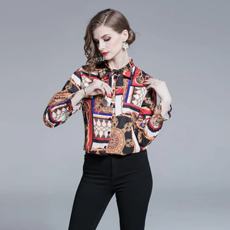 

2019 Women Latest Style Long-Sleeved Shirt Bow Tie Elastic Cuffs Design Runway Blouses Luxury Ladies High Street Blouses
