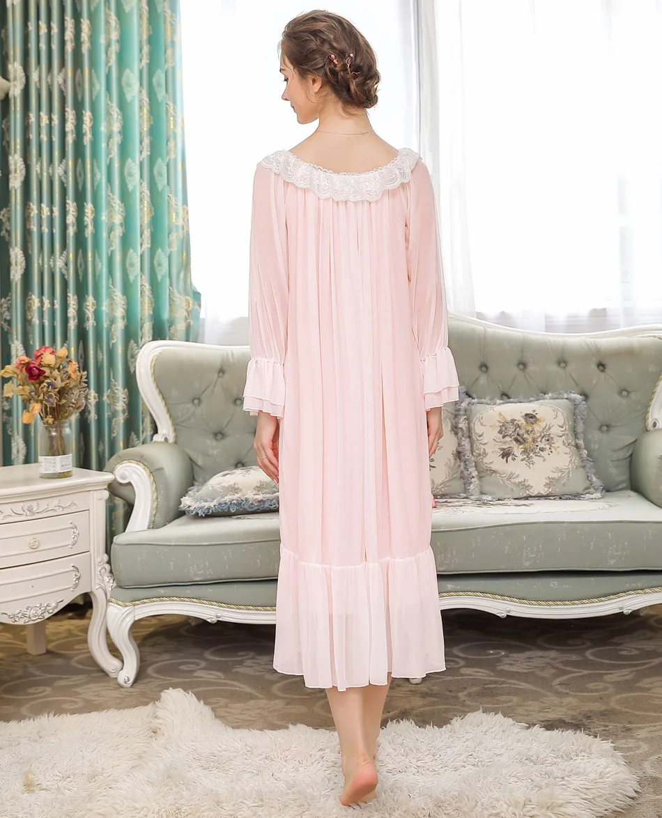 Дворцовая принцесса с длинным рукавом ночная рубашка Женская милая o-образным вырезом кружева рюшами Лук ночная рубашка ночная одежда розового размера плюс свободная ночная рубашка
