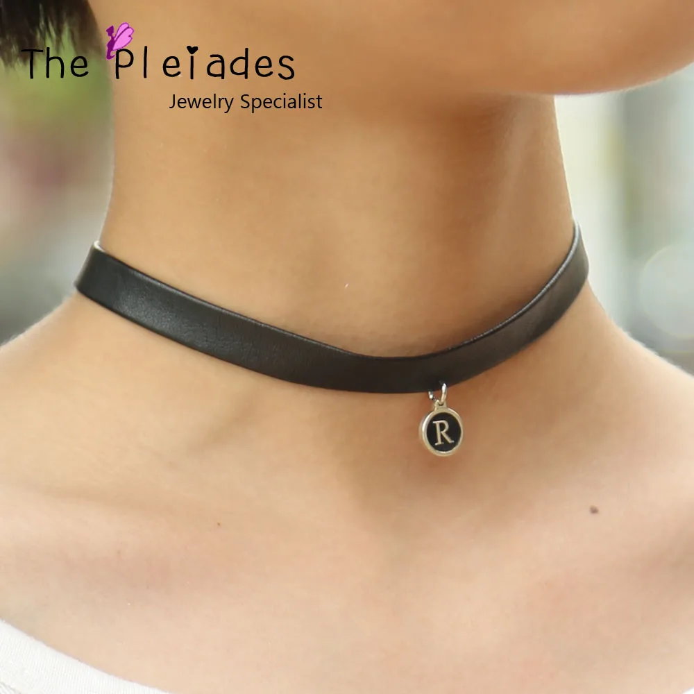 Personalized Disc Choker with 1 Letter Engraved Fake Leather Custom 3D Initial Engraving Necklace