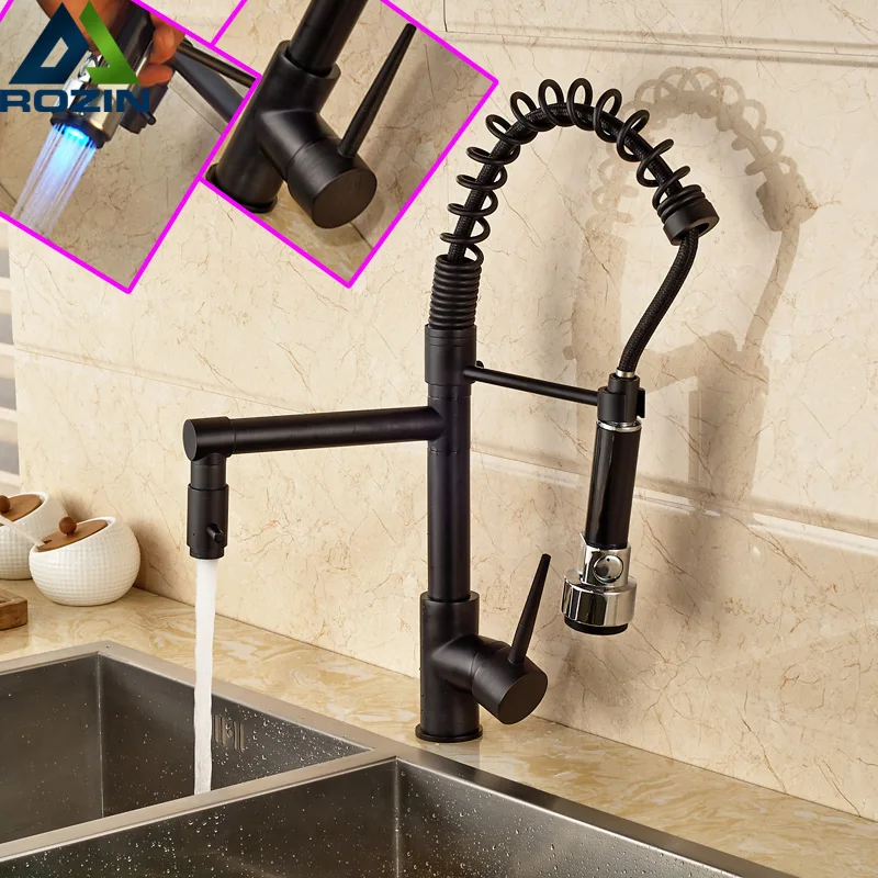 Luxury One Handle Spring Pull Down Kitchen Sink Faucet with Dual Spout LED Color Changing Oil